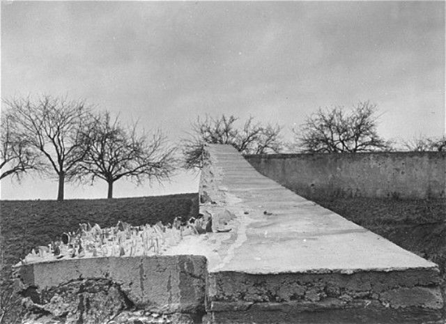 View of the wall surrounding the cemetery of the Hadamar Institute on which jagged pieces of glass were placed to discourage observers